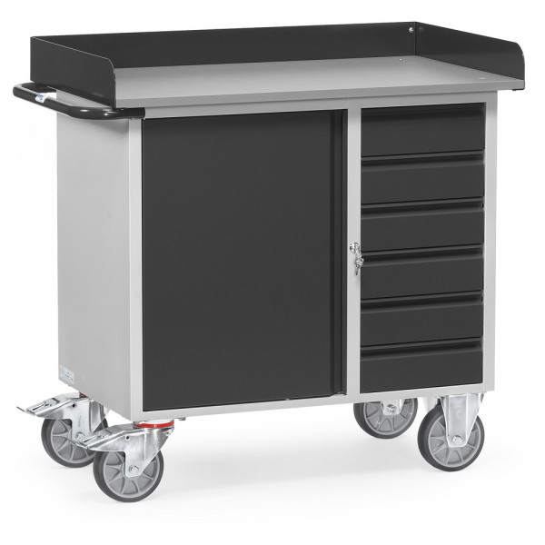 Fetra 12450 7016 Stahlblech-Werkstattwagen &quot;GREY EDITION&quot; mit Schrank, sechs Schubladen, Abrollrand