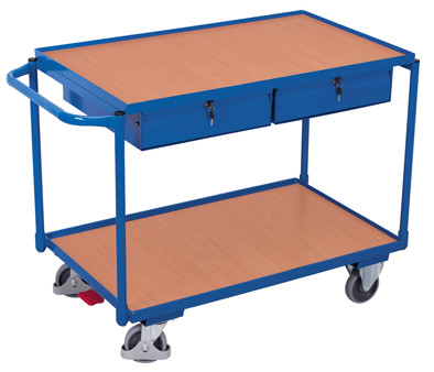 VARIOfit Leichter Tischwagen mit zwei Ladeflächen und zwei abschließbaren Schubladen sw-600.504